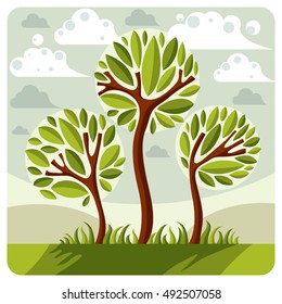 Fantasy landscape with stylized tree, peaceful scene. Season theme vector illustration, ecology idea image.