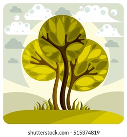 Fantasy landscape with stylized tree, peaceful scene. Season theme vector illustration, ecology idea image.