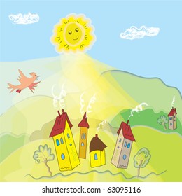 Fantasy landscape with sun, sky, hills, houses and bird