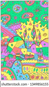 Fantasy landscape with surreal houses and trees. Psychedelic fantastic multicolor artwork. Vector illustration.