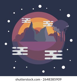 Fantasy landscape with surreal mountains, sunset, clouds, and stars in a dreamlike circular composition. Great for storytelling visuals, book covers, or kids’ room art.