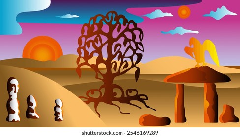 Fantasy-Landschaft mit Symbolen alter Zivilisationen. Baum des Lebens.
Skythische Grabhügel und Steinskulpturen.