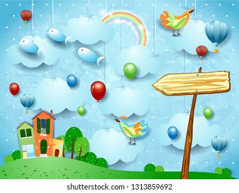 Fantasy landscape with town, arrow sign, birds and flying fisches. Vector illustration eps10