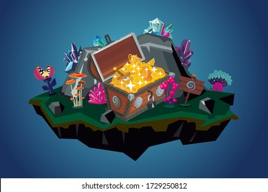 Fantasy landscape. Treasure chest with golden coins and awards. Video game background. Environment with flowers. stone and prize. Cartoon vector illustration. 