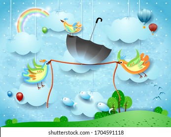 Fantasy landscape and two birds hold a rope with an umbrella in balance. Vector illustration eps10