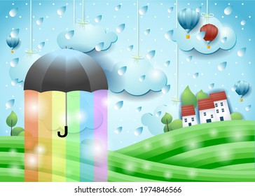 Fantasy landscape with umbrella, rain and rainbow colors. Vector illustration eps10
