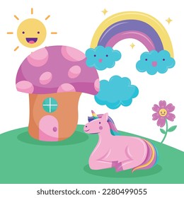 fantasy landscape with unicorn mushroom house and rainbow. vector illustration