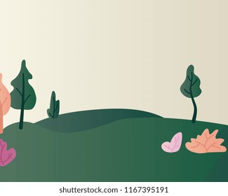 Fantasy landscape vector illustration with beautiful magic trees and shrubs on green hills - mysterious scenery. Flat natural skyline with plants with colorful foliage.