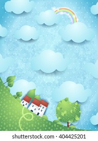 Fantasy landscape with village and big tree, vector illustration