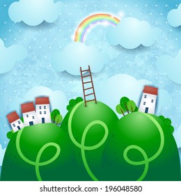 Fantasy landscape with village and rainbow, vector 