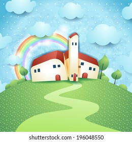Fantasy landscape with village, vector 