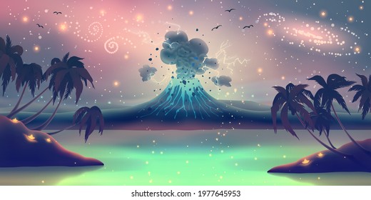 Fantasy landscape with volcano eruption, blue flashes, flashlights, glowing lava over starry night space. Palm trees silhouette and beautiful neon river in vector. Magic summer illustration.