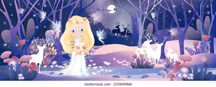 Fantasy landscape winter wonderland with Cute princess in magic forest with little fairys flying in purple pastel tone and Santa Claus sleigh reindeers flying over full moon in Christmas night