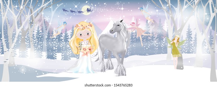 Fantasy landscape winter wonderland with Cute princess and unicorn in magic forest with little fairies flying with Santa Claus sleigh reindeers flying over full moon in Christmas night