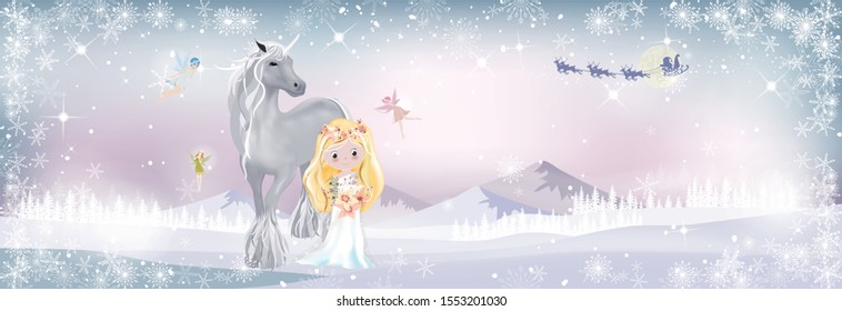 Fantasy landscape winter wonderland with Cute princess and unicorn in magic forest with little fairies flying with Santa Claus sleigh reindeers flying over full moon in Christmas night