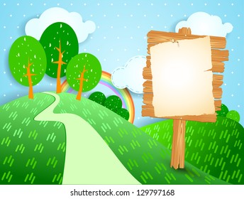 Fantasy landscape with wooden signboard, vector