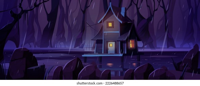 Fantasy landscape wooden stilt house on swamp under rain in night forest. Old shack with glow windows stand on piles in deep wood creepy. Witch hut, mystic game background, Cartoon vector illustration