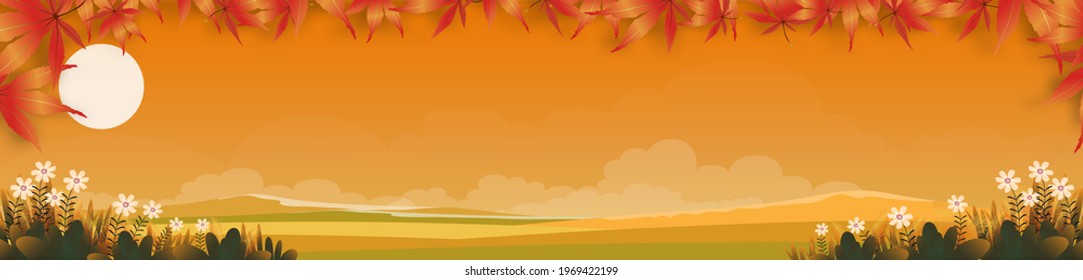 Fantasy landscapes of Countryside in autumn,Panoramic mid autumn with farm field, mountains, wild grass and leaves falling from trees in yellow and orange foliage.Wonderland backdrop in fall season