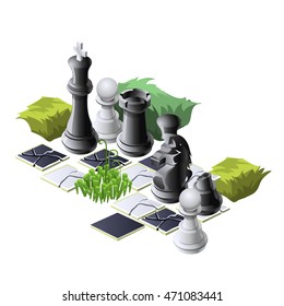 Fantasy landscaping with chess pieces isolated on white background. Vector cartoon close-up illustration.
