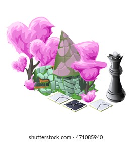 Fantasy landscaping with chess pieces. Vector illustration.
