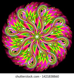 Fantasy Latin American ornament done in kaleidoscopic style. Printable modern mandala on black background. Geometric circle vector image.