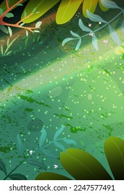 Fantasy lawn in the woods, top view landscape vertical scenery with the beam light. Colorful forest or jungle in daylight background. Vector wallpaper illustration in watercolor style.