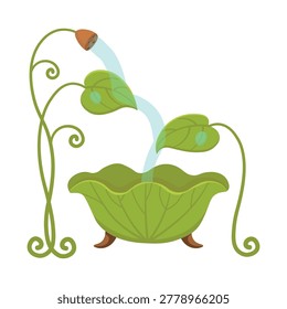 Fantasy leaf bathtub with magical flower shower isolated on white background.