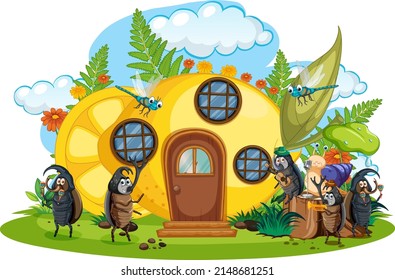 Fantasy lemon house with cartoon beetles illustration