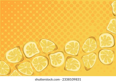 Fantasy lemons background. Distort citrus composition on orange and yellow dotted background. Concept of fantasy, surrealism and creativity.