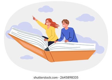 A literatura de fantasia permite que homens e mulheres imaginem viajar e voar pelo céu em livros gigantes. Estudantes alegres leem literatura sobre turismo e voos para diferentes países do mundo