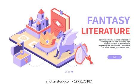 Fantasy literature - modern colorful isometric web banner with copy space for text. An illustration with magic objects, fairy tale characters on smartphone screen. Castle, book, crown, potion, dragon