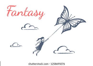 Fantasy. A little girl is flying through the sky clinging to a huge butterfly. Vector lifestyle concept illustration, hand drawn sketch.