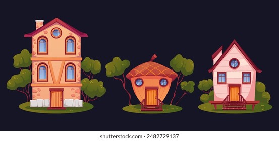 Fantasy little magical elf dwarf houses isolated set. Vector flat graphic design illustration