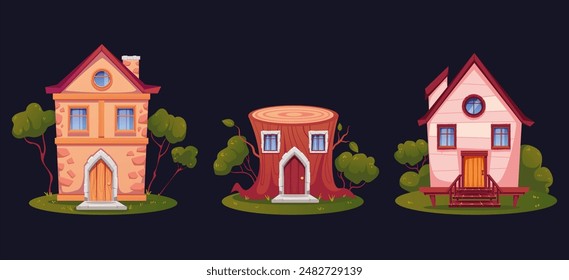 Fantasy little magical elf dwarf houses isolated set. Vector flat graphic design illustration