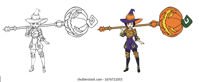 Fantasy little witch wearing gold armor, with big magic hammer. Hand drawn vector illustration. Can be used for Halloween cards, coloring books, pages, tattoo, games etc.