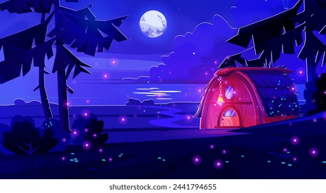 Fantasy little wooden house of gnome or fairy animal with light from windows and lantern over door at night. Cartoon dark magic landscape with cozy tiny elf cottage under moonlight at sea shore.