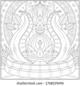 Fantasy Lotus Flower, adult and kid coloring page in stylish vector illustration for education and learning