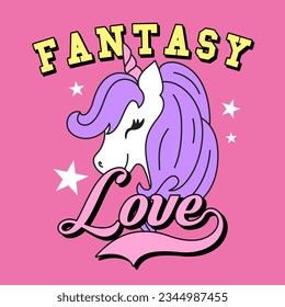 FANTASY LOVE VARSITY TEXT, ILLUSTRATION OF A HAPPY AND CUTE UNICORN WITH LOVE HAIR, SLOGAN PRINT VECTOR