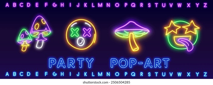 Fantasy luminous mushrooms in neon style. Glowing fungus on dark brick wall background.