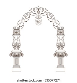 Fantasy luxuriously decorated arch on white background.Travel vacation poster.
