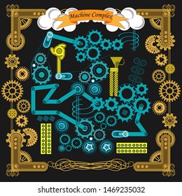 Fantasy machine complex in a brass steampunk frame on a dark background. Vector illustration