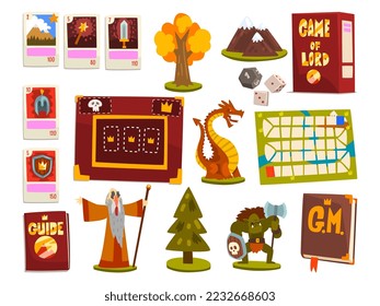 Fantasy Magic Board Game Elements with Map and Cards Vector Set