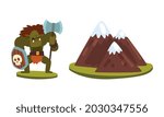 Fantasy Magic Board Game User Interface Set, Mountains and Orc Warrior Monster Cartoon Vector Illustration