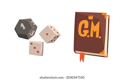 Fantasy Magic Board Game User Interface Set, Dice Cubes and Book Cartoon Vector Illustration