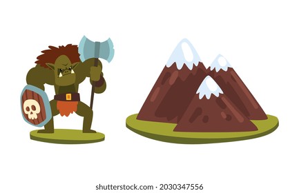 Fantasy Magic Board Game User Interface Set, Mountains and Orc Warrior Monster Cartoon Vector Illustration