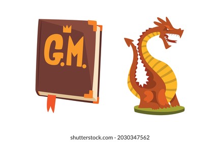 Fantasy Magic Board Game User Interface Set, Fairy Tale Book and Dragon Cartoon Vector Illustration