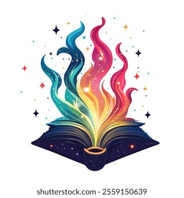 Fantasy Magic Book with Colorful Glow and Sparkles. Open Magical Book with Vibrant Colorful Flames
