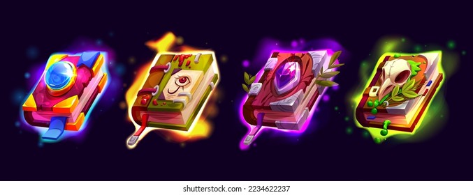Fantasy magic books of spells. Witches or wizards books with covers with gemstones, bird skull, eye symbol and metal frame. Vintage witchcraft literature, grimoires, vector cartoon illustration