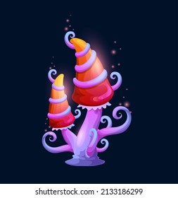 Fantasy magic cartoon luminous mushroom. vector element of game user interface. Cartoon mushroom with red caps, purple tentacles and glowing lights of flying spores, fairy tale forest fungus plant