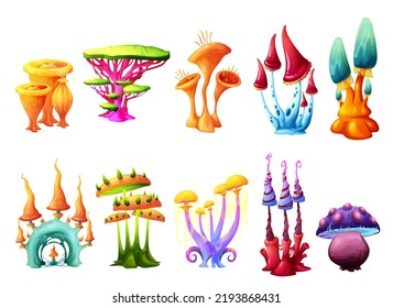 Fantasy magic cartoon mushrooms, fairy tale toadstools and fantasy alien forest trees. Isolated vector fairy witch amanita mushrooms and neon glow toadstools , fantastic game asset